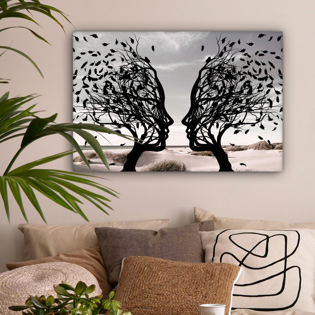 LEINWANDBILD Strand - Meer - Menschen - Baum - Moderne Kunst Gemälde 60x40 cm - Hellgrau, Textil (60/40cm) - MuchoWow