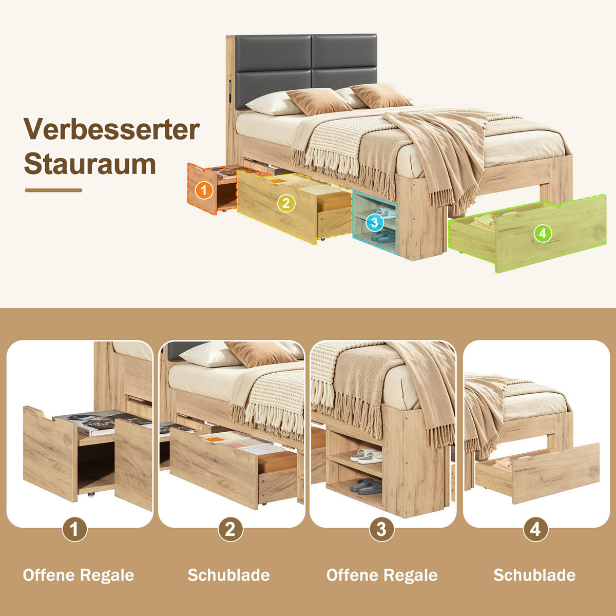 STAURAUMBETT 90/200 cm mit 2 Schubladen, DE-41824, in Naturfarbe - Naturfarben, Holzwerkstoff (90/200cm) - ComfortXL