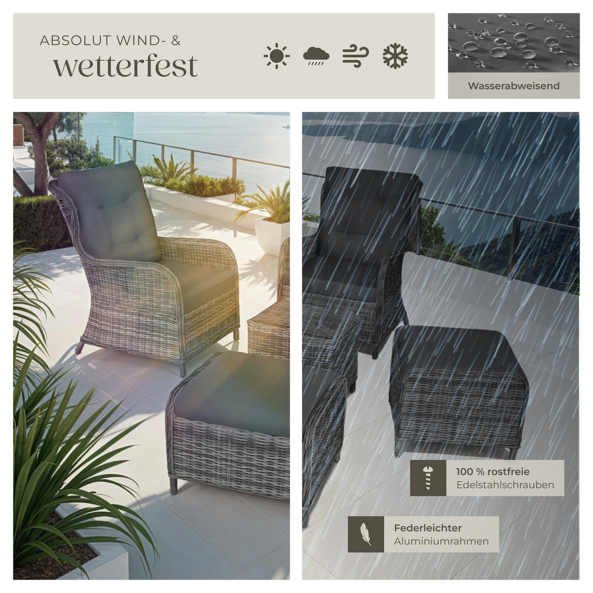 RATTAN SITZGRUPPE Benissa,mit Sicherheitsglasplatte,grau-meliert/grau - Grau, Kunststoff - tectake