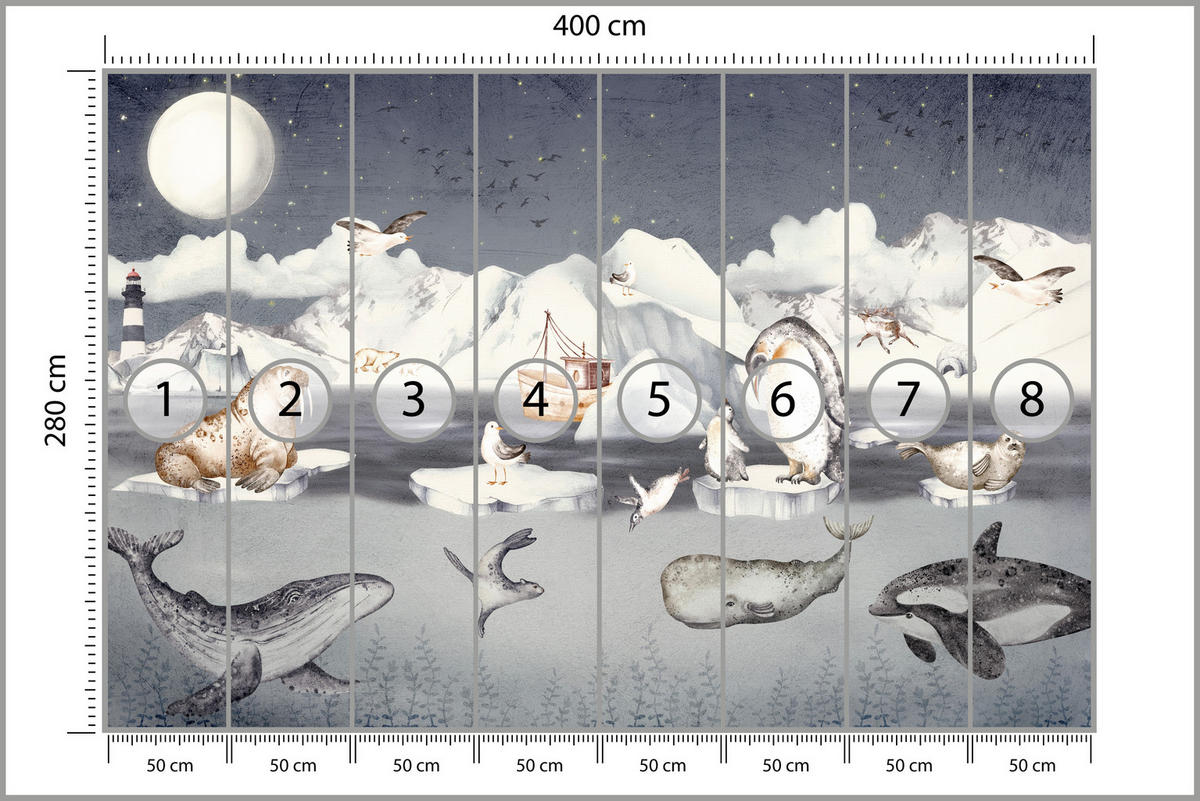 FOTOTAPETE für Kinderzimmer Arktische Tiere Pinguine Robben Mond Gebirge 400x280 - Orange/Weiß, Papier (400/280cm) - Muralo