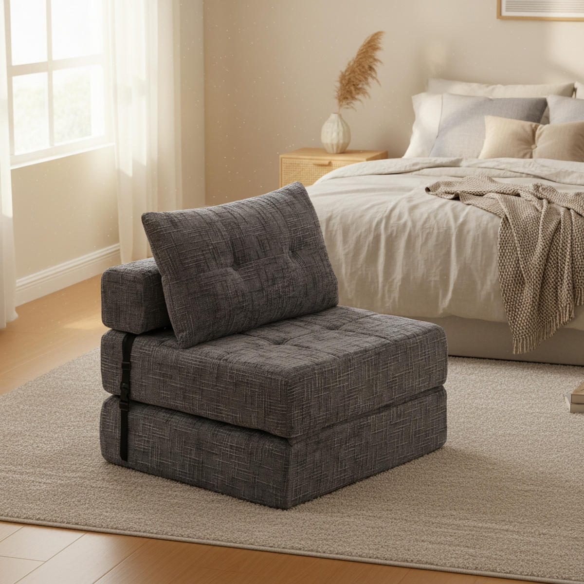 KLAPPBARER Chenille-Sessel mit Kissen, 79 x 79 x 57 cm, Grau - Grau, Textil (79/57/79cm) - Urban Meuble