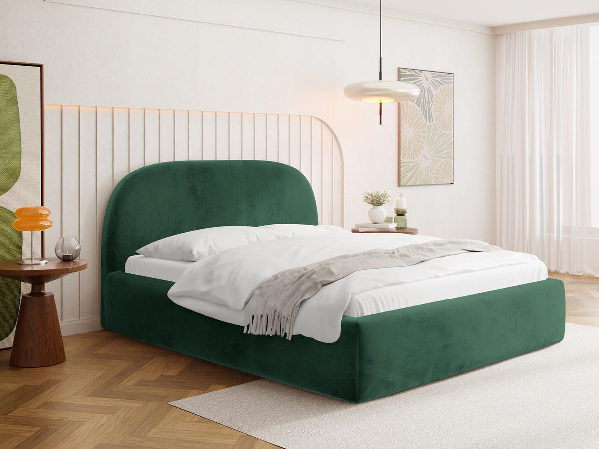 POLSTERBETT Puro mit Bettkasten, Dunkelgrün Samt 140 x 200 cm – mit Metall-Lattenrost - Dunkelgrün/Birkefarben, Kunststoff/Textil (140/200cm) - WFL GROUP