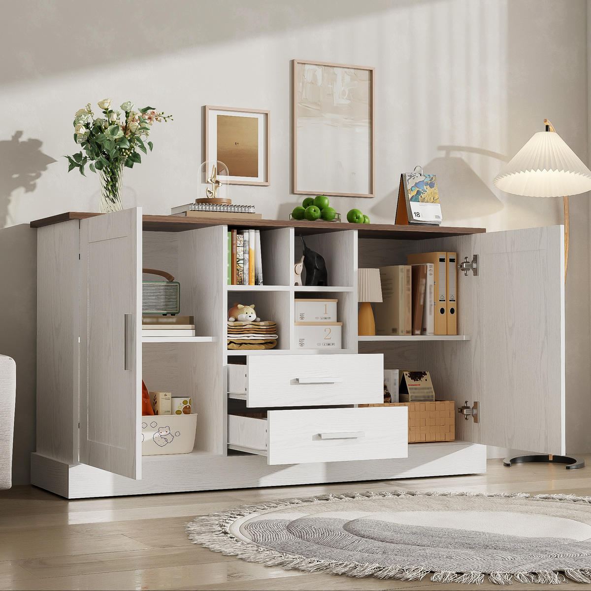 SIDEBOARD 140/40/79,5 cm aus Spanplatte mit 2 Türen, 2 Schubladen und Soft-Close, Weiß/Braun in Holzoptik - Braun, Holzwerkstoff (140/79.5/40cm) - Redom