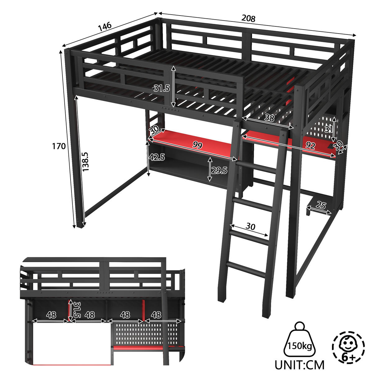 HOCHBETT 140x200 cm Metall mit Schreibtisch im Gaming-Stil- Rot - Schwarz, Metall (140/200cm) - KOMHTOM