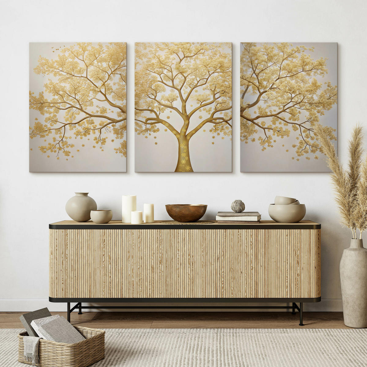 LEINWANDBILDER 3-es Set Baum Abstraktion - Beige/Weiß, Textil (90/40cm) - Muralo