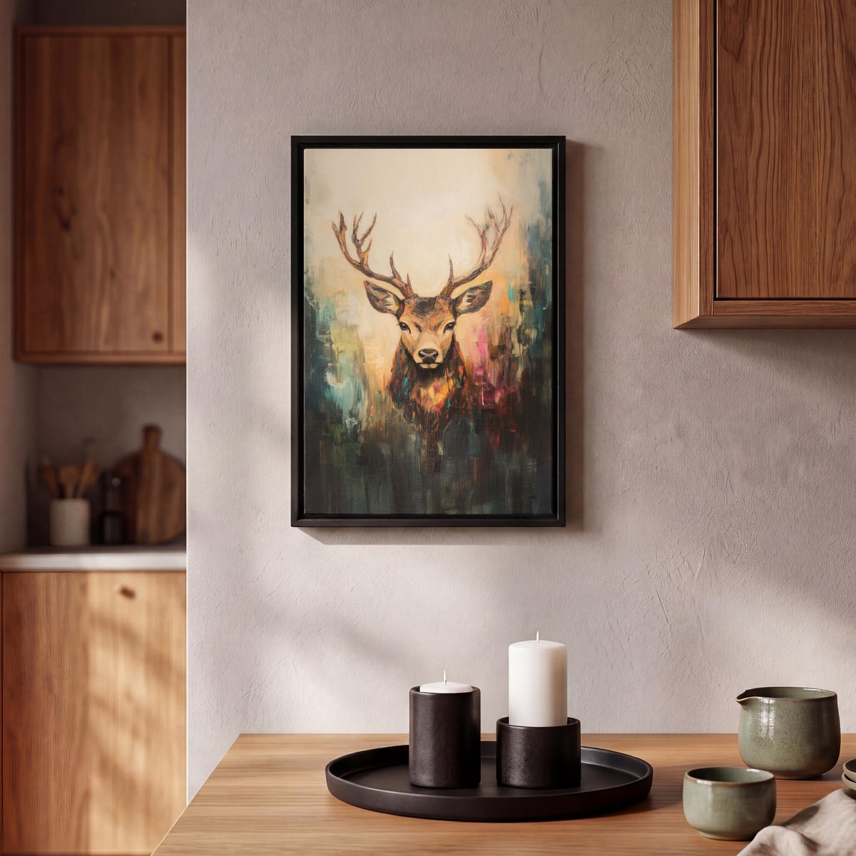 LEINWAND Bilder mit Rahmen - Hirsch - Gemalt - Geweih - Braun - 20x30 - Haselnussfarben, Textil (20/30cm) - MuchoWow