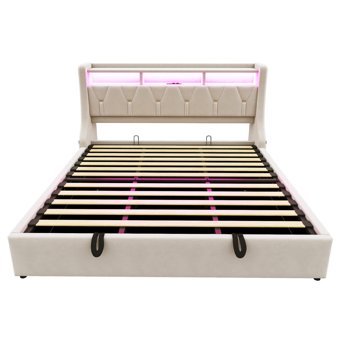 ČALÚNENÁ posteľ, 180/200 cm, zamat béžová, s LED a hydraulickým úložným priestorom - béžová, textil (180/200cm) - BEAOK