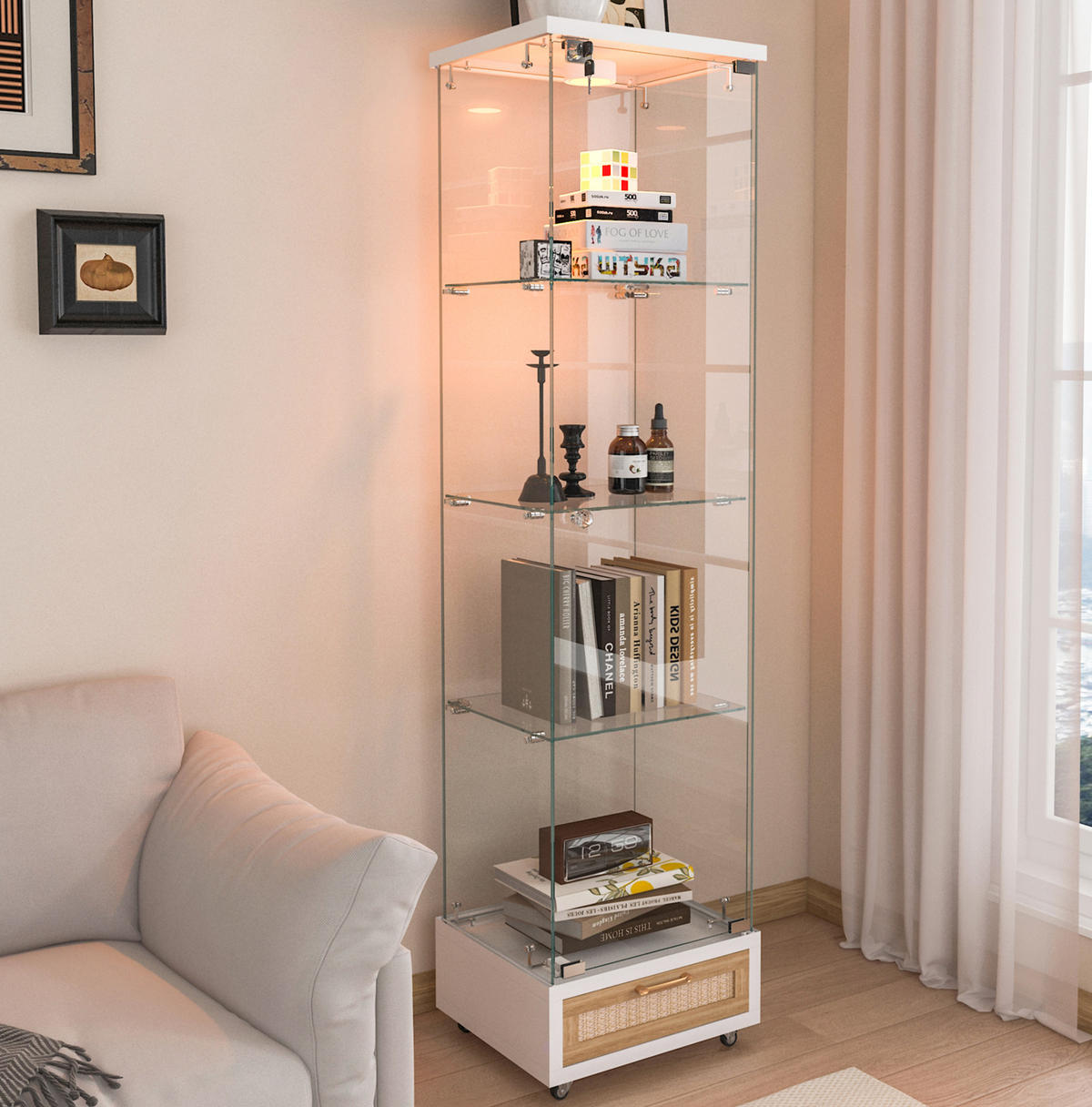 VITRINE 42.5/36.5/167 cm Weiß aus MDF und Glas mit LED-Beleuchtung - Weiß, Holzwerkstoff (36.5/167/42.5cm) - OKMYHOME