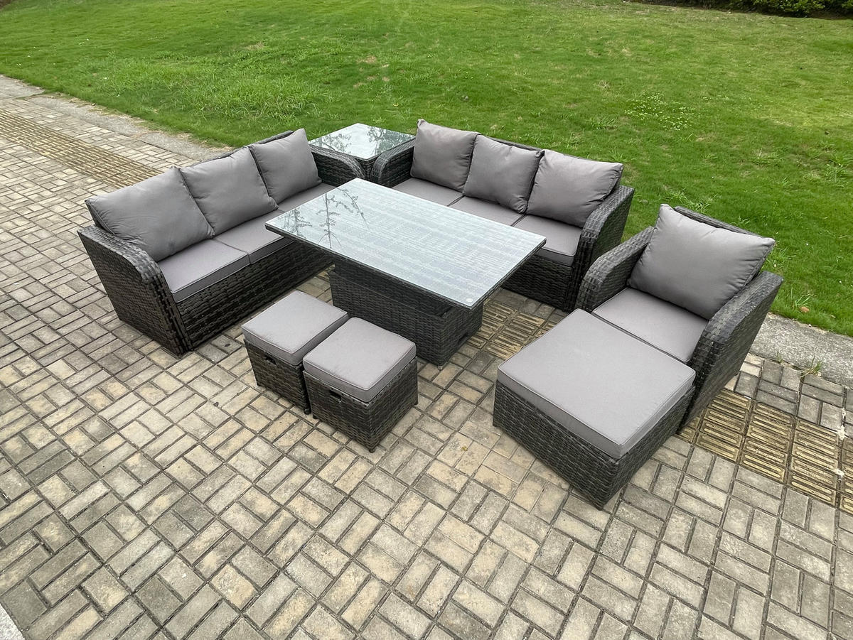 GARTENMÖBELSET mit Höhenverstellbarer Esstisch Polyrattan 10-Sitzer Grau - Dunkelgrau/Grau, Glas/Kunststoff - Fimous