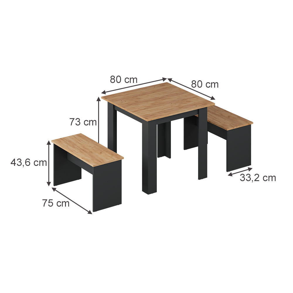 ESSTISCH SET Sentio Anthrazit/Goldkraft Eiche 80 x 80 cm mit 2 Bänken - Anthrazit, Holzwerkstoff (80/73/80cm) - Vicco