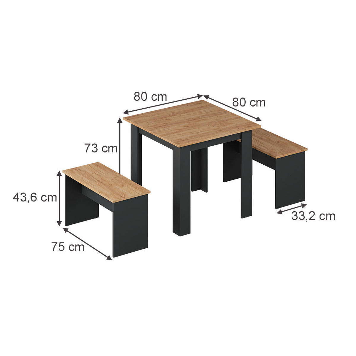 ESSTISCH SET Sentio Anthrazit/Goldkraft Eiche 80 x 80 cm mit 2 Bänken - Anthrazit, Holzwerkstoff (80/73/80cm) - Vicco