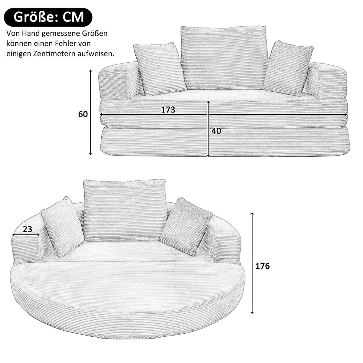 SOFABETT 2-in-1 173x176 cm Cord Light Beige mit 3 Kissen - Beige, Kunststoff (176/40/173cm) - Meubliv