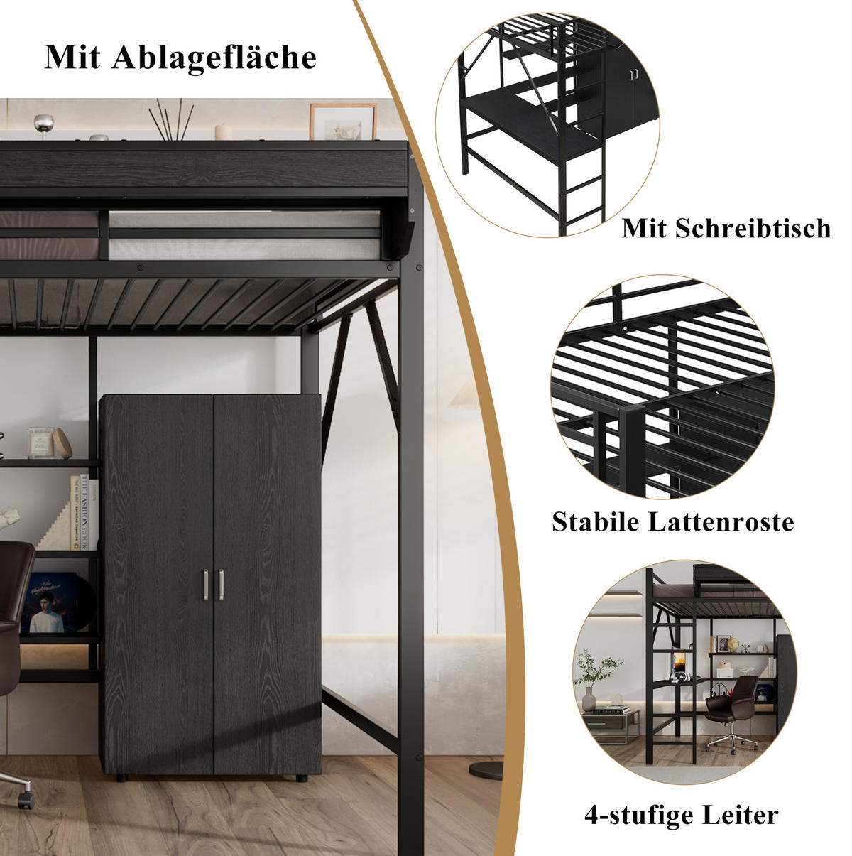 HOCHBETT 140/200 cm mit Schreibtisch, Kleiderschrank, Ablage und viel Stauraum, Schwarz - Schwarz, Holzwerkstoff (140/200cm) - Redom