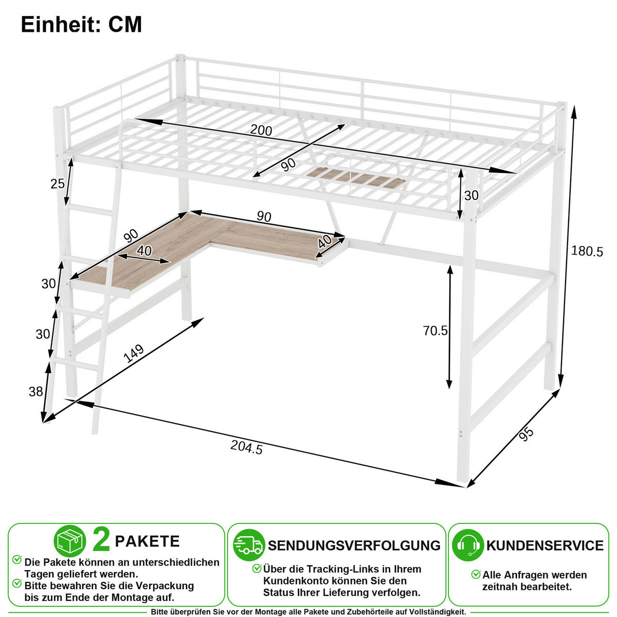 VYVÝŠENÁ POSTEL 90/200 cm v bílé barvě s psacím stolem a policí - bílá, kov/kompozitní dřevo (90/200cm) - CHICFURN