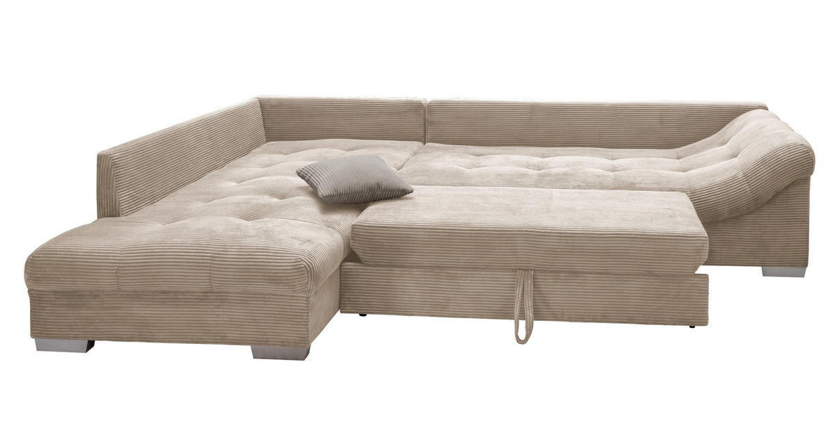 ECKSOFA mit Schlaffunktion, Wellenunterfederung, Ottomane links B298/T202/H84 cm, Liegefl. 154x227 cm, Cord Beige / 17204 - Beige/Silberfarben, Holz/Textil (298/202cm) - luma-home