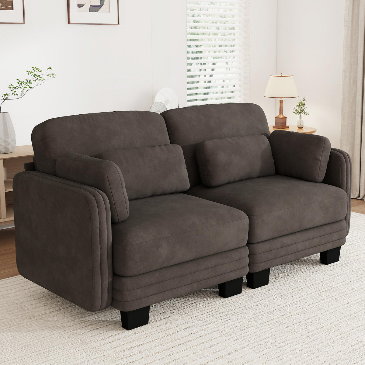 2-SITZER-SOFA Modular Chenille mit Kissen, DE-42686, Braun - Braun, Holz (176/88/88cm) - ComfortXL
