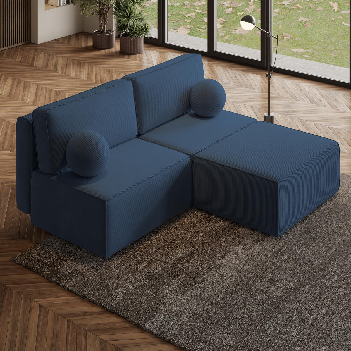 ECKSOFA VARNA P Blau Kordstoff mit Schlaffunktion - Blau, Holz (196/158cm) - MASSENO