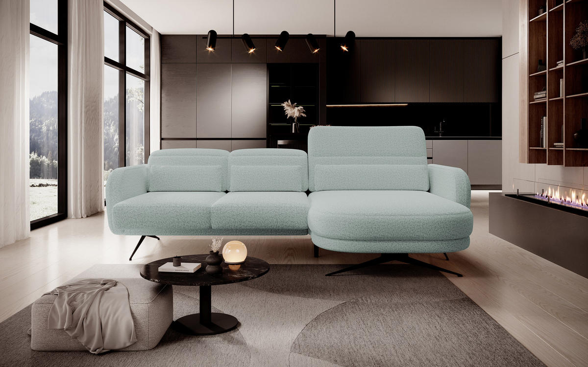 ECKSOFA Barillo – Verstellbare Rückenlehne, Stahlfüße, Elegante Armlehnen, Drei Rückenkissen, Freistehend, 261x170x97 cm – Rechte, Grün - Grün, Holz/Textil (261/170cm) - DomoHome
