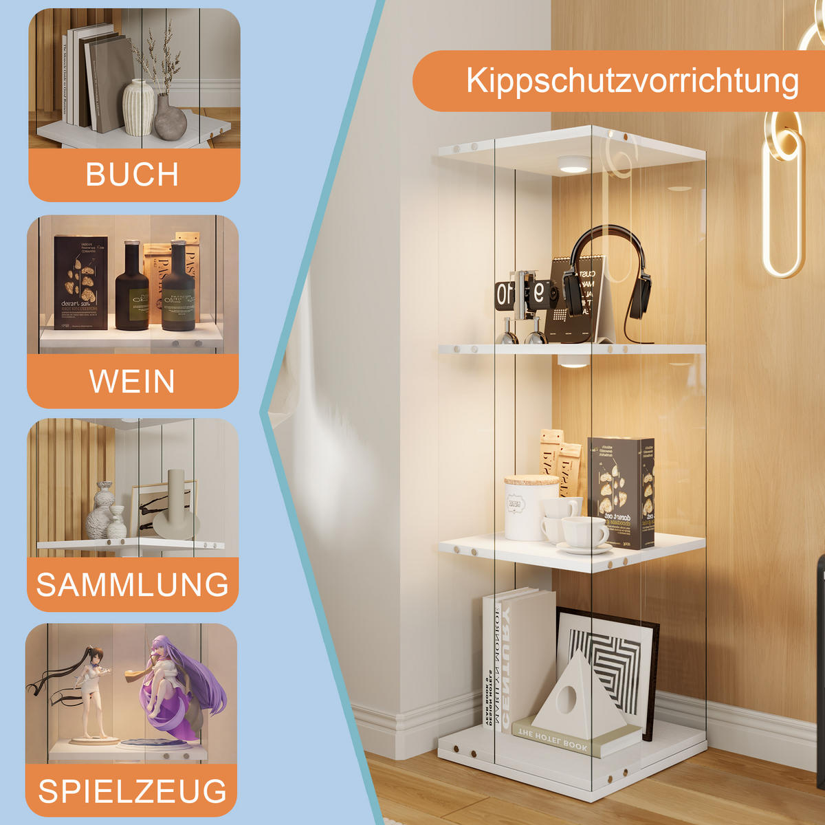 DREHVITRINE 360° mit RGB LED, 3 Ebenen, Glasvitrine weiß für Deko - Weiß, Glas (38/121/38cm) - SHOPENTRA