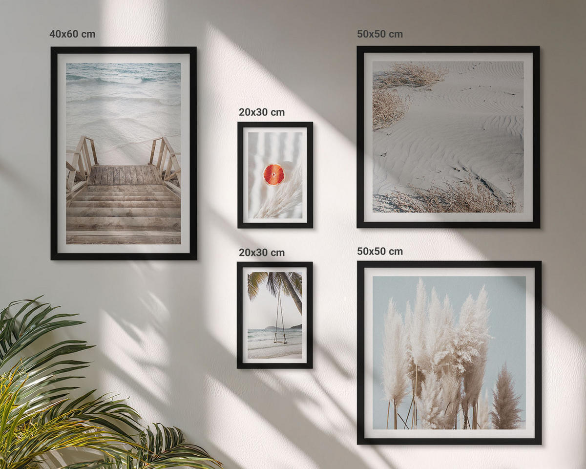 BILDER SET 5er Set - 50x50 cm & 20x30 cm & 40x60 cm Schwarzer Rahmen - Strandatmosphäre dank hölzerner Treppen. - Schwarz, Kunststoff (40/60cm) - TULUP