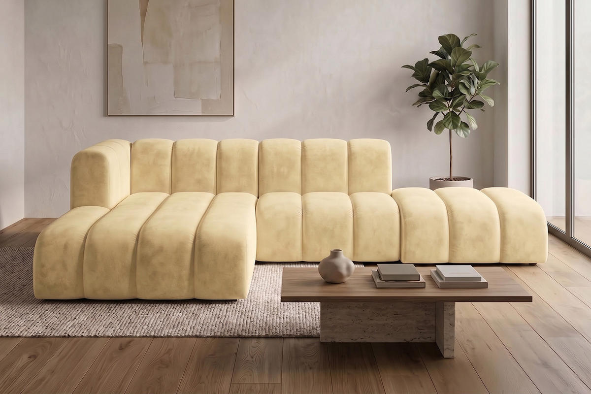 ECKSOFA Modulares In L-Form Mit Hocker, Velvet-Stoff Riviera, Buttergelb, Links, GRAND Mini - Hellgelb, Holz (295/179cm) - Kaiser Möbel
