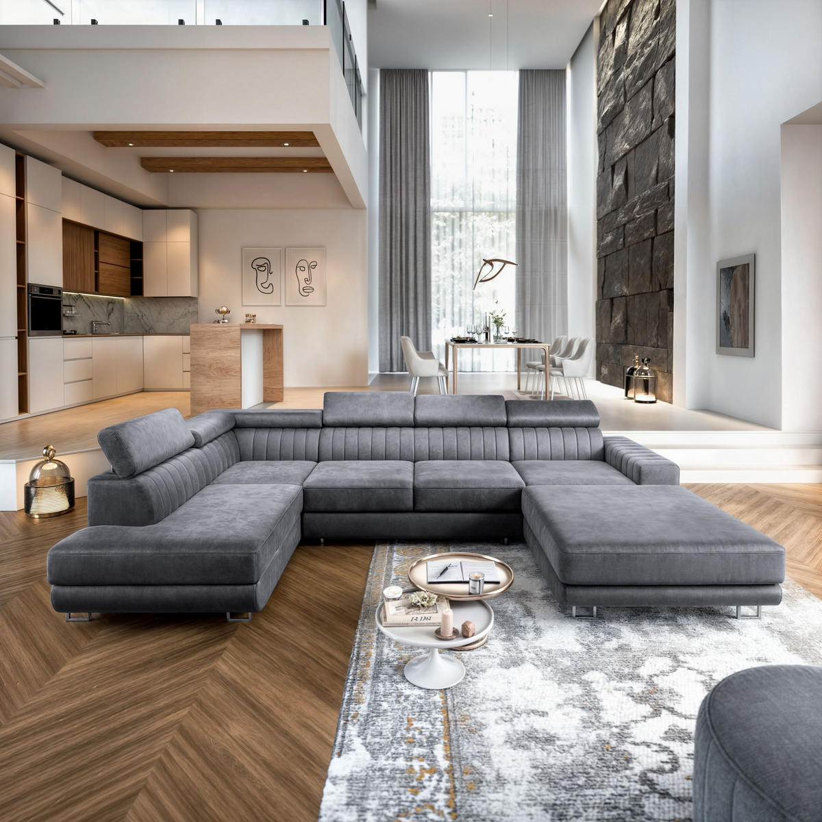 WOHNLANDSCHAFT SIENA R-S Grau Velours-Stoff mit Schlaffunktion - Grau, Holz (335/89/190cm) - MASSENO