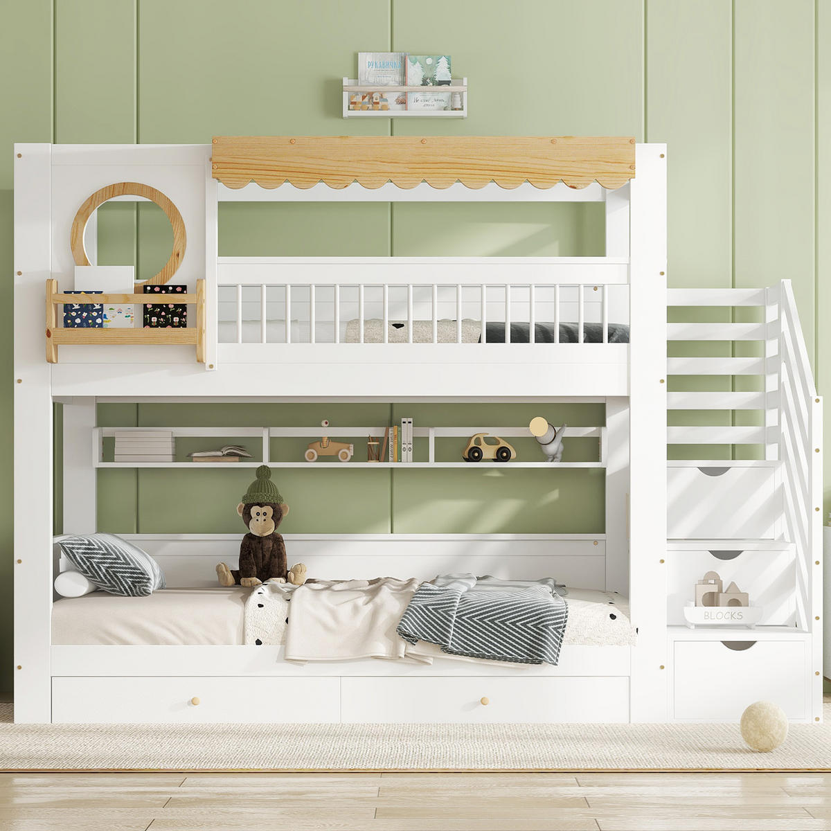 ETAGENBETT 90/200 cm in Weiß & Natur mit 2 Schubladen, Regal und Treppenschrank - Weiß/Naturfarben, Holz/Holzwerkstoff (90/200cm) - WISHDOR
