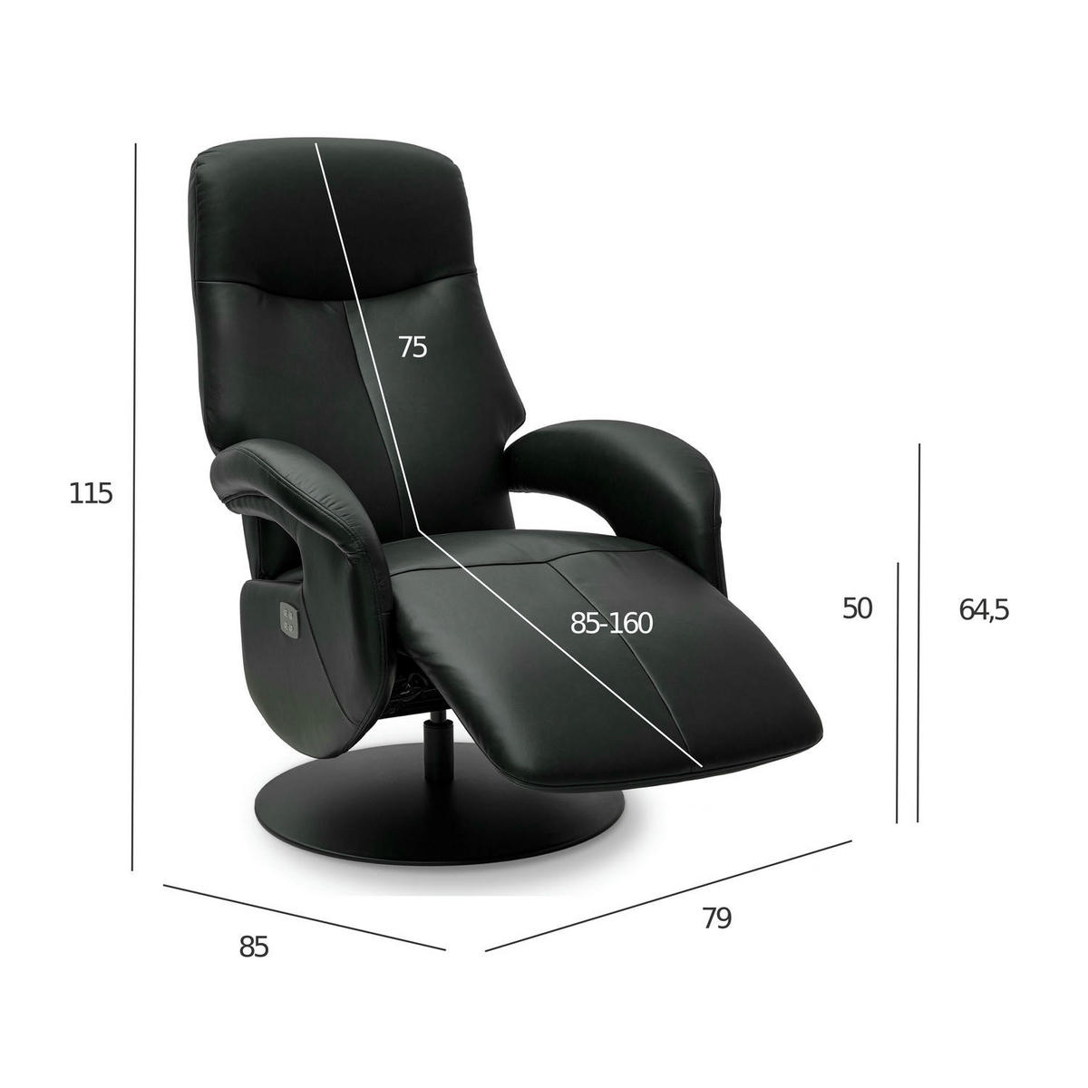 RELAXSESSEL Echtleder Schwarz - Schwarz, Leder/Metall (79/115/85cm) - Furnhouse