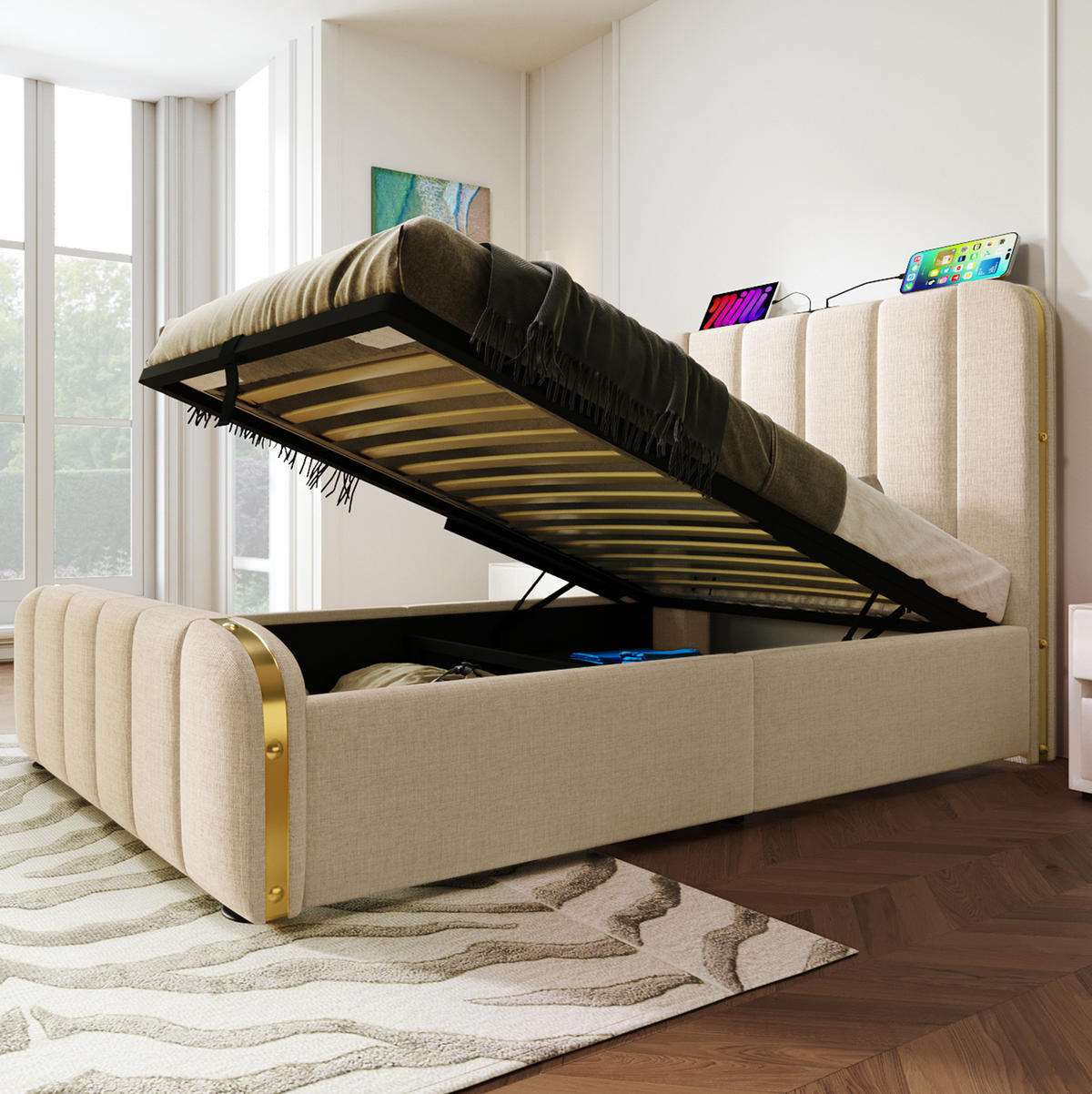POLSTERBETT mit Stauraum und USB/Typ-C 90x200 cm Beige Leinen inkl. Matratze - Beige, Metall (90/200cm) - Meubliv