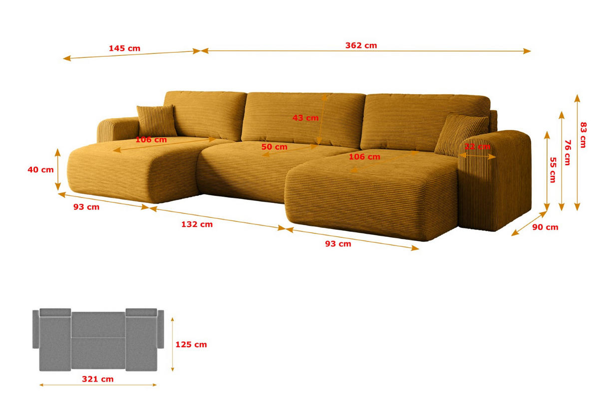 WOHNLANDSCHAFT mit Schlaffunktion und Bettkasten ORRO-U - 362x145x83 cm Senfgelb Cord - Gelb/Schwarz, Holzwerkstoff/Kunststoff (362/83/145cm) - ALTDECOR
