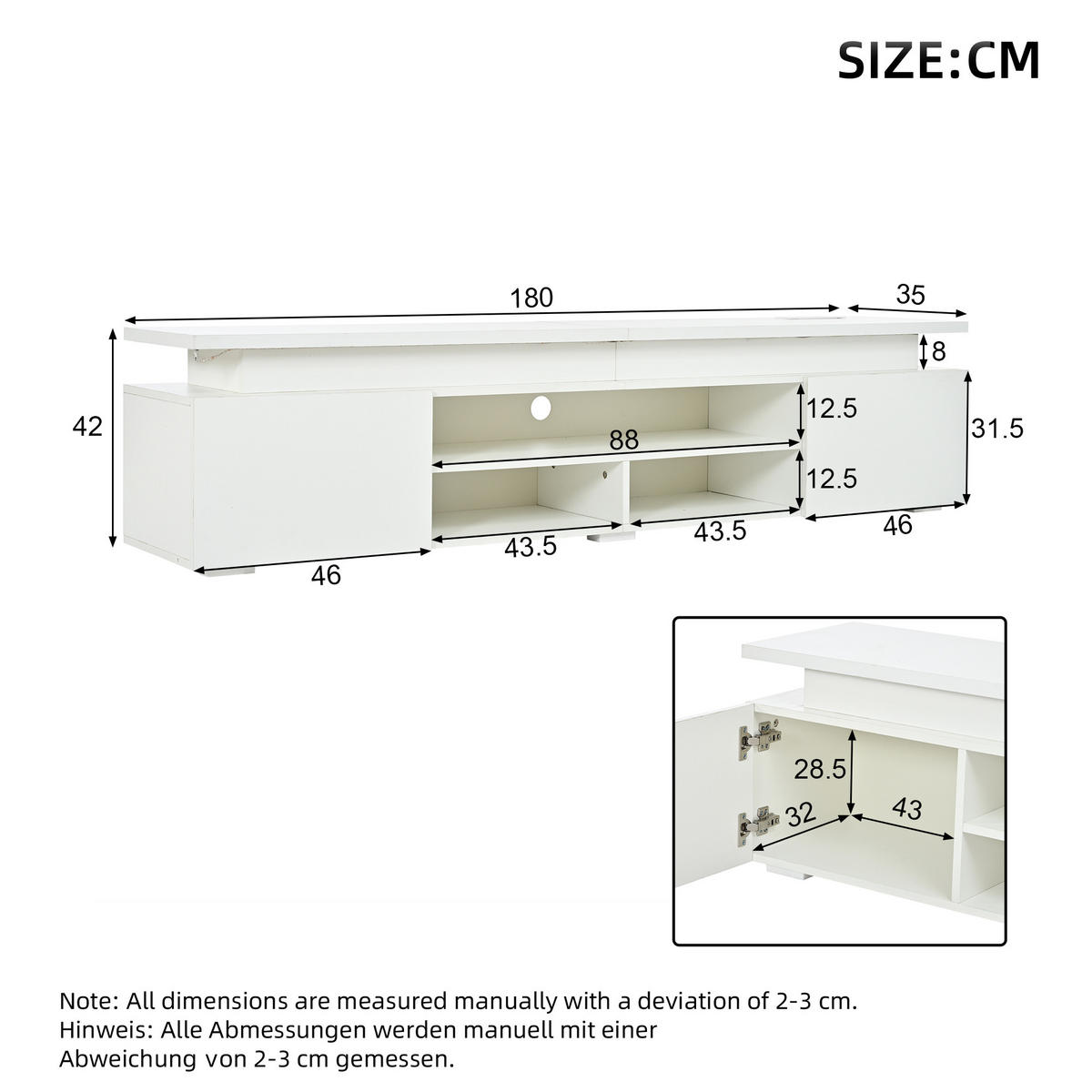 TV niska komoda 180/35/42 cm u bijeloj boji s RGB LED rasvjetom i prostorom za odlaganje - bijela/crna, drvni materijal (180/42/35cm) - CHICFURN