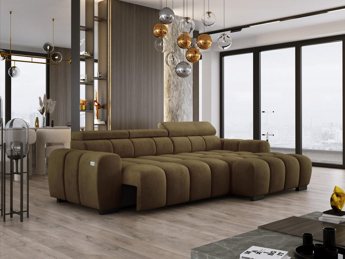 ECKSOFA OMBO 285x168x77/97 cm, Rechts, Schlaffunktion, elektr. Sitz, Kopfstützen, Buche dunkel, hydrophober SALVADOR-Stoff – Dunkelblau - Olivgrün, Holz/Textil (285/168cm) - DomoHome