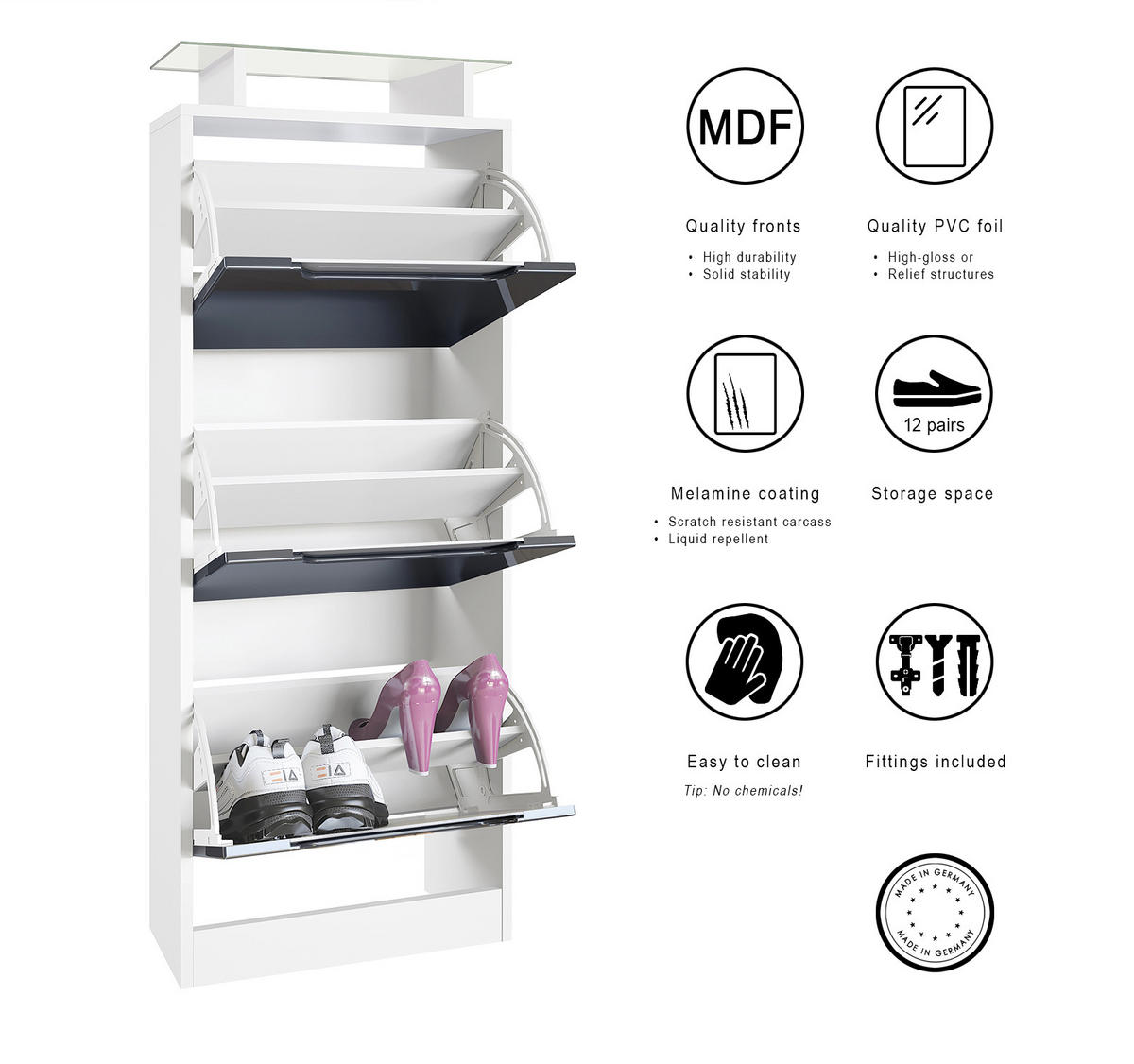SCHUHSCHRANK Space Weiß Hochglanz - Weiß Hochglanz, Holzwerkstoff (46/128/23cm) - Vladon