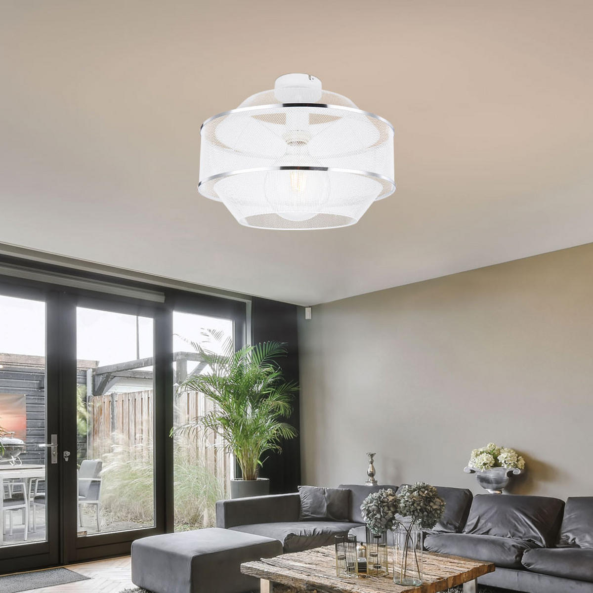 DECKENLEUCHTE Gitter Weiß Chromring Rund - Weiß, Metall (35/35/26cm) - Globo Lighting