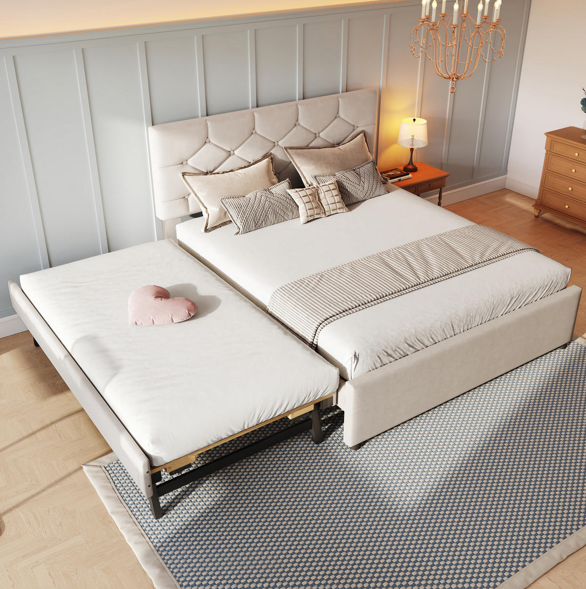 POLSTERBETT mit Rollbett 140x200 cm Samt Beige - Beige, Metall (140/200cm) - Meubliv