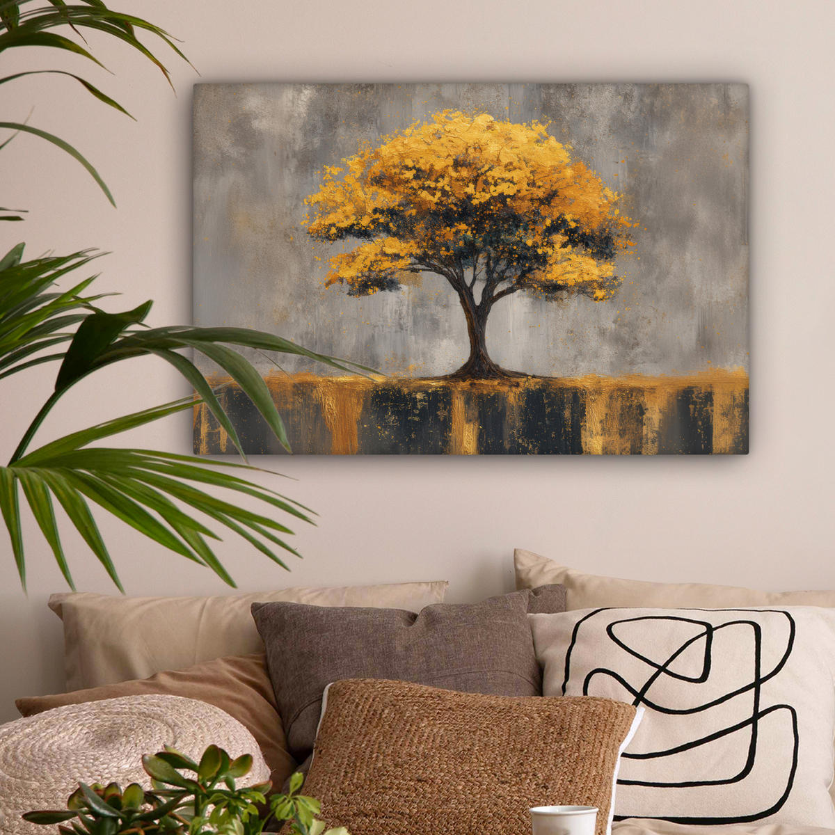 LEINWANDBILD Baum - Blätter - Gold - Abstrakt Gemälde 60x40 cm - Grau, Textil (60/40cm) - MuchoWow