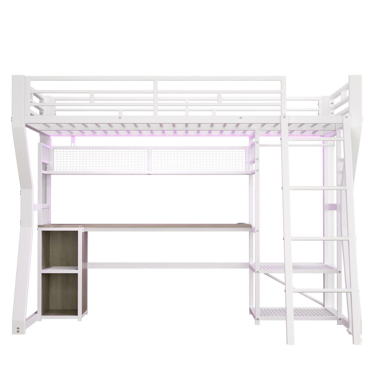 HOCHBETT 90/200 cm in Weiß mit Lichtleiste, Steckdose und Schreibtisch, Metall - Weiß, Holzwerkstoff/Metall (90/200cm) - CHICFURN