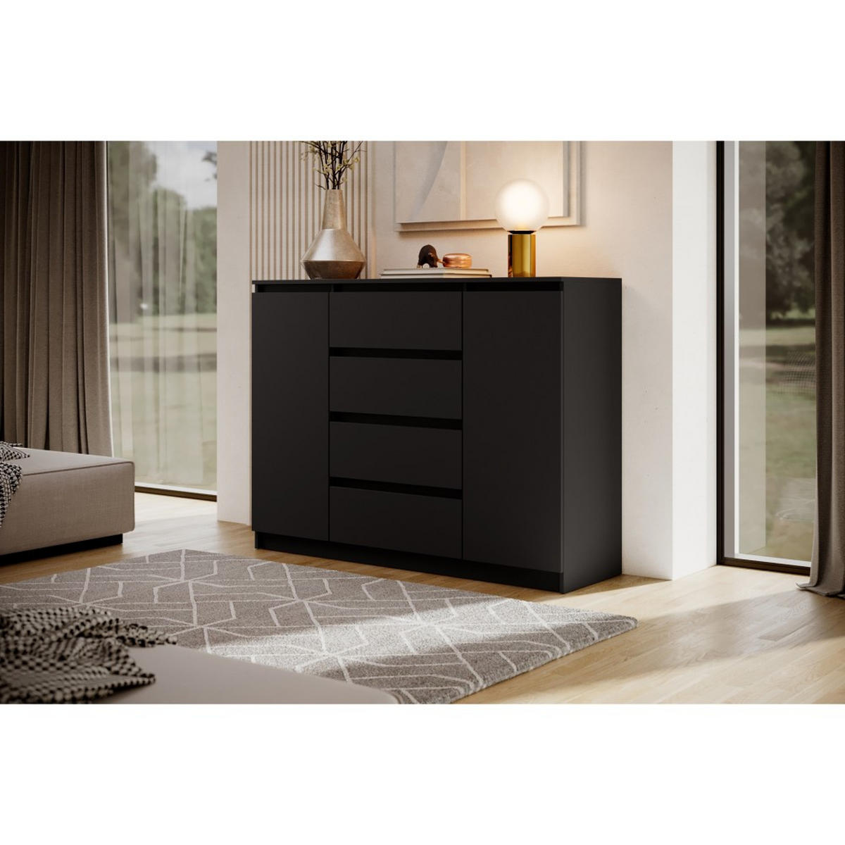 KOMMODE Lemon 120 cm mit zwei Türen und vier Schubladen Schwarzmatt - Schwarz, Holzwerkstoff (120/101.5/39cm) - Beautysofa