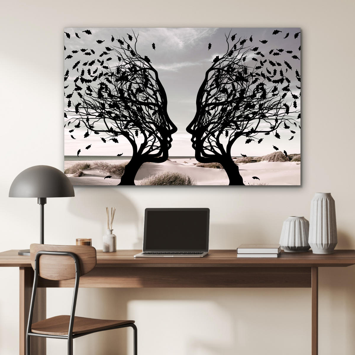 METALLBILD Strand - Meer - Menschen - Baum - Moderne Kunst 90x60 cm - Hellgrau, Metall (90/60cm) - MuchoWow