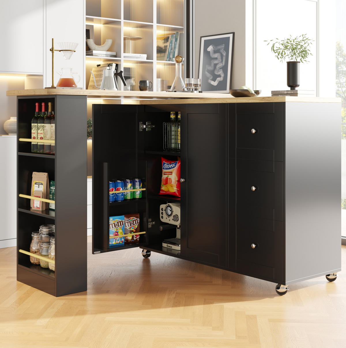 KÜCHENINSEL 135-203/39/106 cm drehbar auf Rollen mit 3 Schubladen und Snackregal, Schwarz - Schwarz, Holzwerkstoff (203/106/39cm) - Redom
