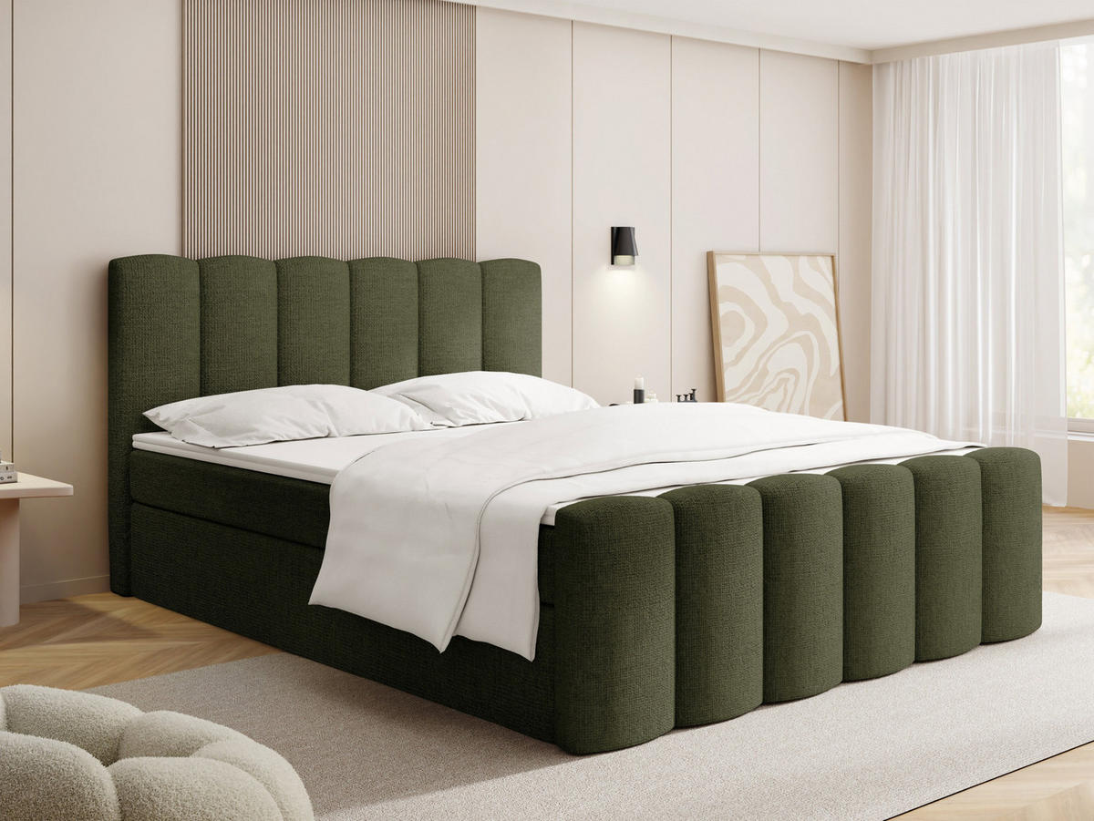 BOXBETT Serenity mit Bettkasten, Grün Chenille 160x200 cm – inkl. H4 Taschenfederkern Matratze & Foam Topper - Schwarz/Grün, Holz/Holzwerkstoff (160/200cm) - WFL GROUP