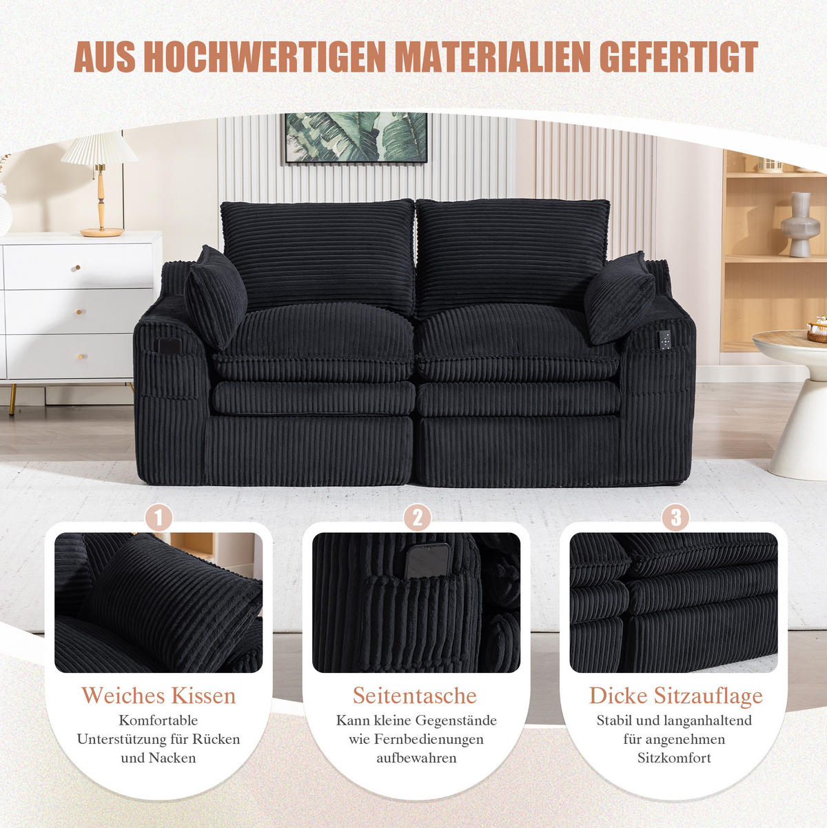 2-SITZER-SOFA 191/94/85 cm schwarz aus Cord mit Seitentaschen und Federkern - Schwarz, Textil (94/85/191cm) - Modenvie