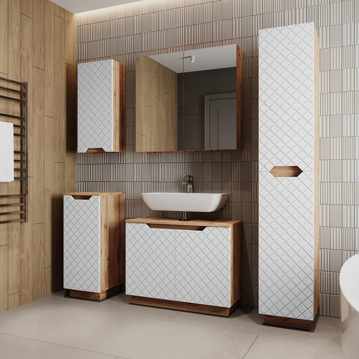 KOUPELNOVÝ NÁBYTEK Lotta Dub/bílá se strukturou dlaždic - bílá, kompozitní dřevo (79.6/62.1/32cm) - Vicco