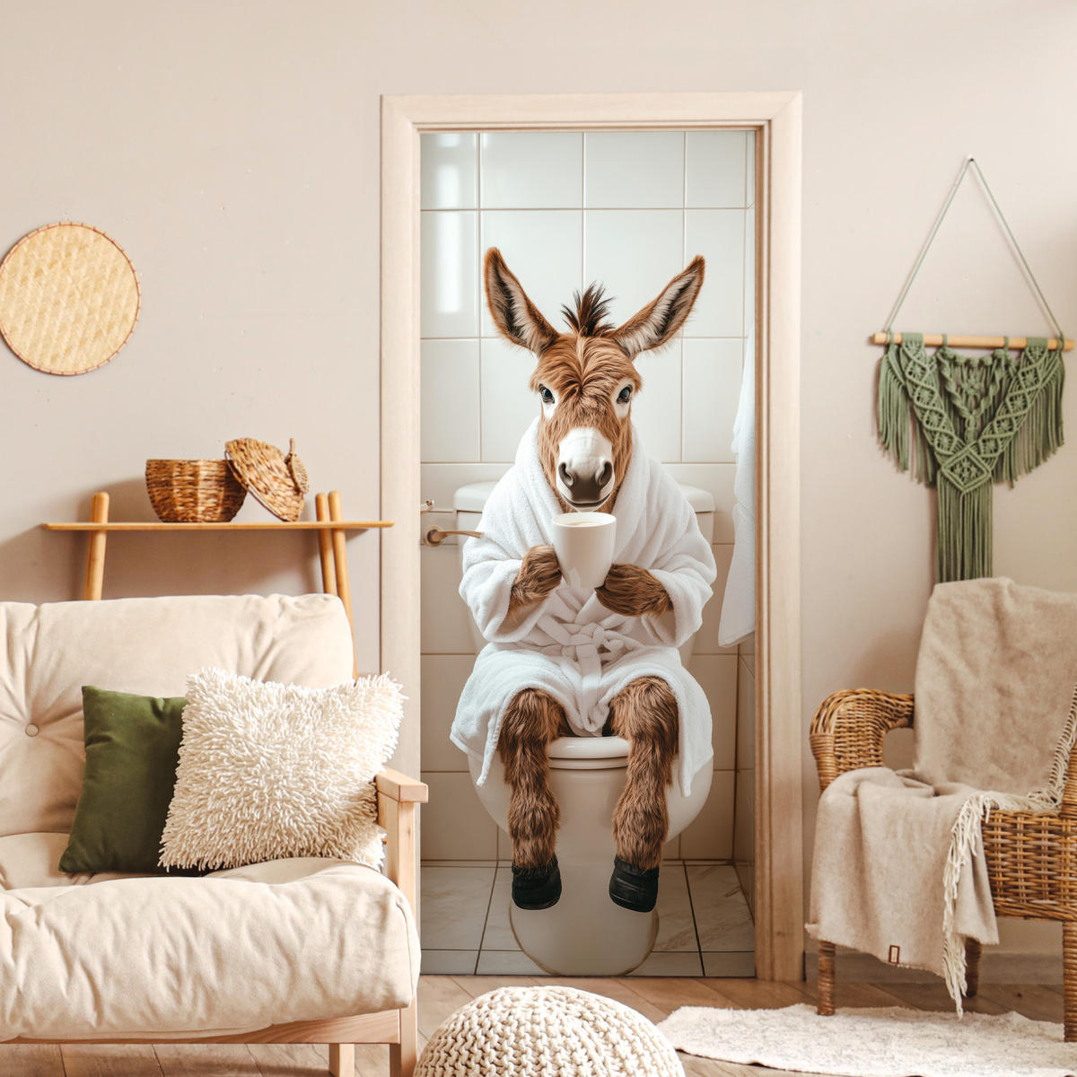 FOTOTAPETE Tür - Esel - WC - Lustig - Bademantel - Tier 75x205 cm - Beige, Kunststoff (75/0.1cm) - MuchoWow