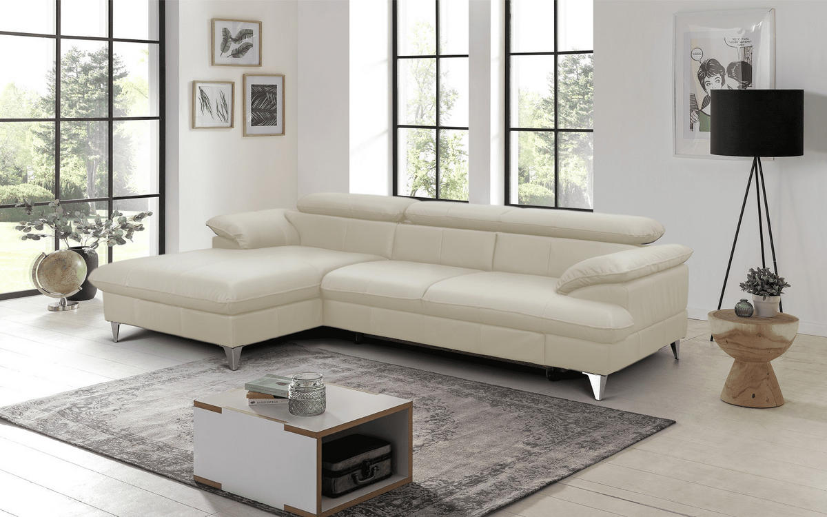 ECKSOFA mit Schlaffunktion und Bettkasten, Echtleder - Chromfarben/Beige, Leder/Holz (254/167cm) - Cotta