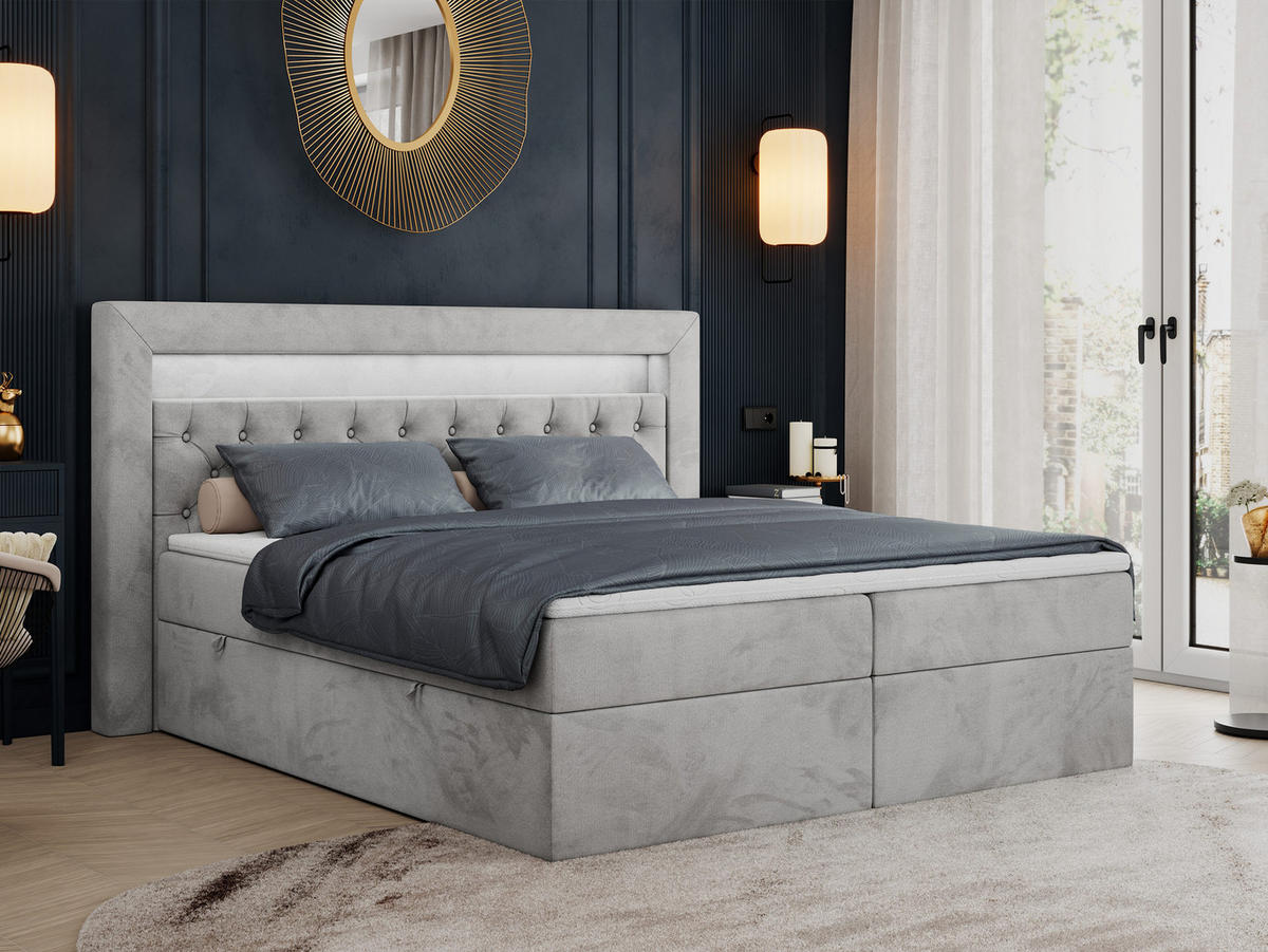 BOXBETT GOLD-6 LED 140/200 Hellgrau Velvet - H3 - Hellgrau, Holz/Textil (140/200cm) - MKS