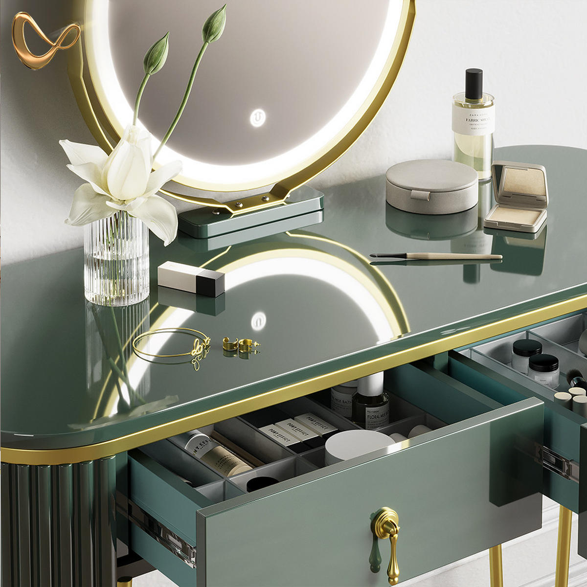 SCHMINKTISCH Isonca Dunkelgrün Hochglanz mit LED Beleuchtung und Hocker - Dunkelgrün, Holzwerkstoff (100/126/40cm) - Livinity®