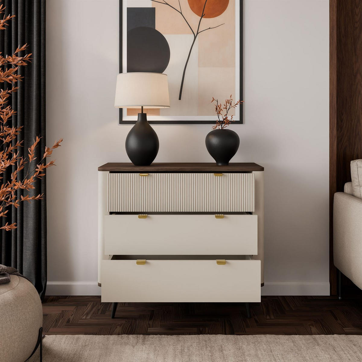 KOMMODE für das Wohnzimmer AUTUMN 3S auf hohen Beinen, Kaschmir / Nussbaum - Beige/Braun, Holzwerkstoff (90/82/40cm) - Lookway