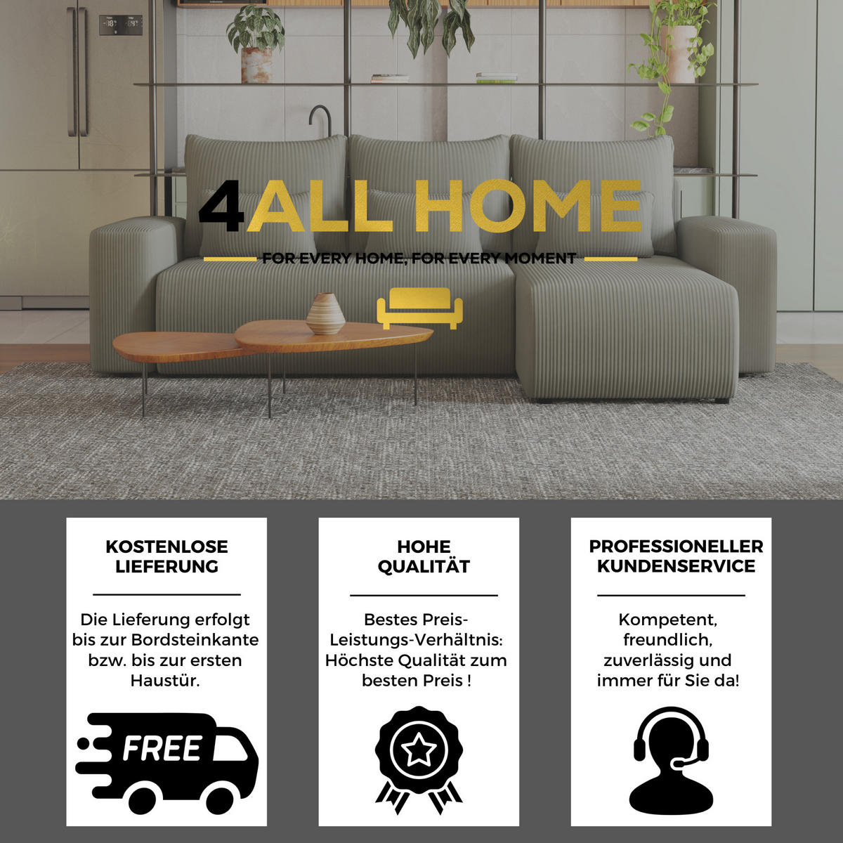 ECKSOFA Travis mit Bettkasten und Schlaffunktion, L-Form, Cord, Universal - Grau, Holzwerkstoff (248/148cm) - 4ALL HOME