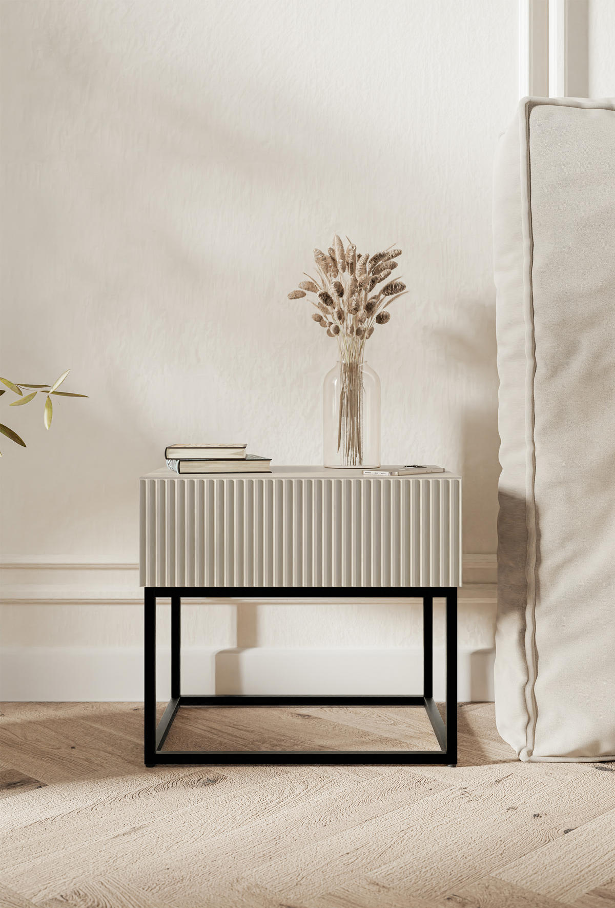 NACHTSCHRANK Veldio Graubeige mit schwarzen Beinen 50 cm - Greige/Schwarz, Holzwerkstoff/Metall (50/44/35.6cm) - Selsey